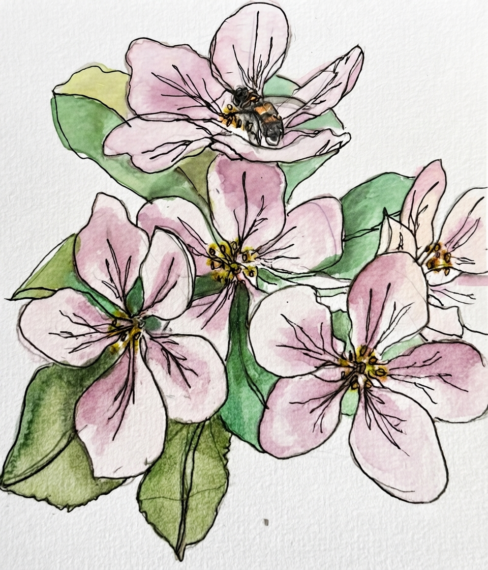 Watercolour and ink illustration of apple blossom flowers with a bumblebee