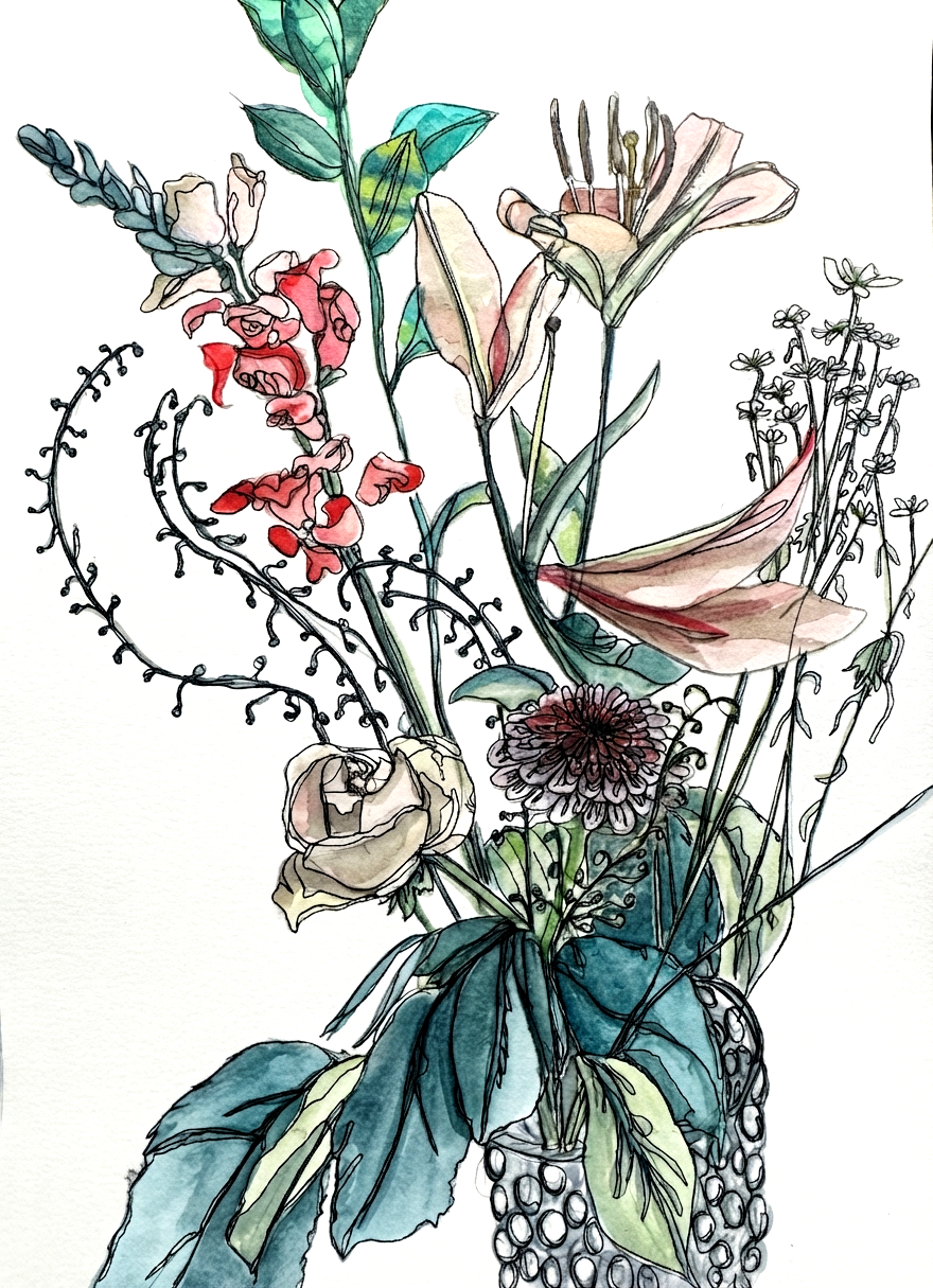 Watercolour art print of a loosely gathered wildflower bouquet in soft pinks, lilacs and creamy whites