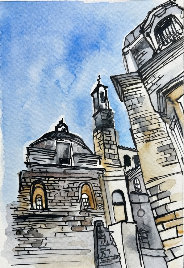 Watercolour and ink art print of Florence churches and bell towers viewed from a dramatic low angle against a blue sky