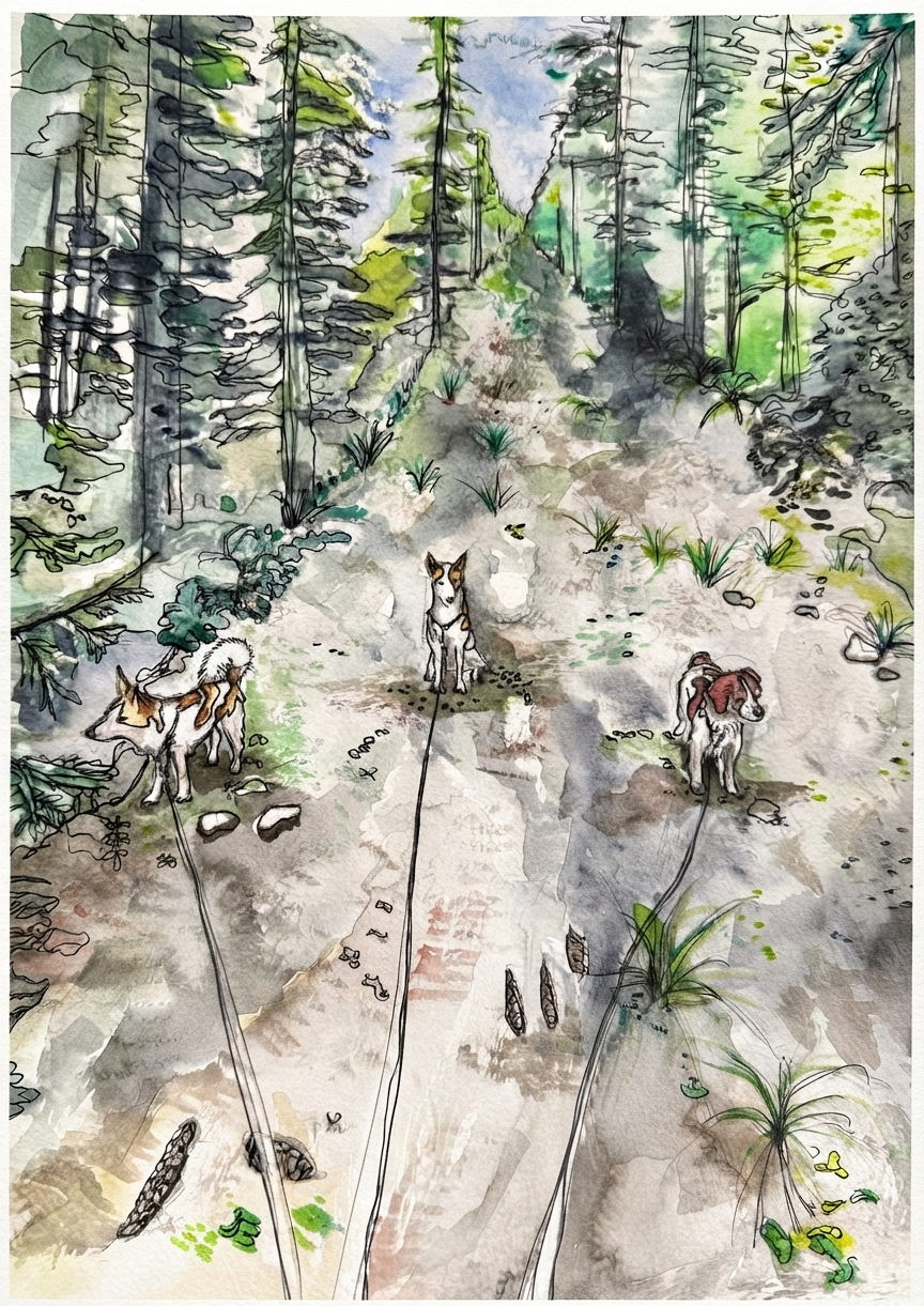 Watercolour and ink illustration of three dogs on a rocky forest trail
