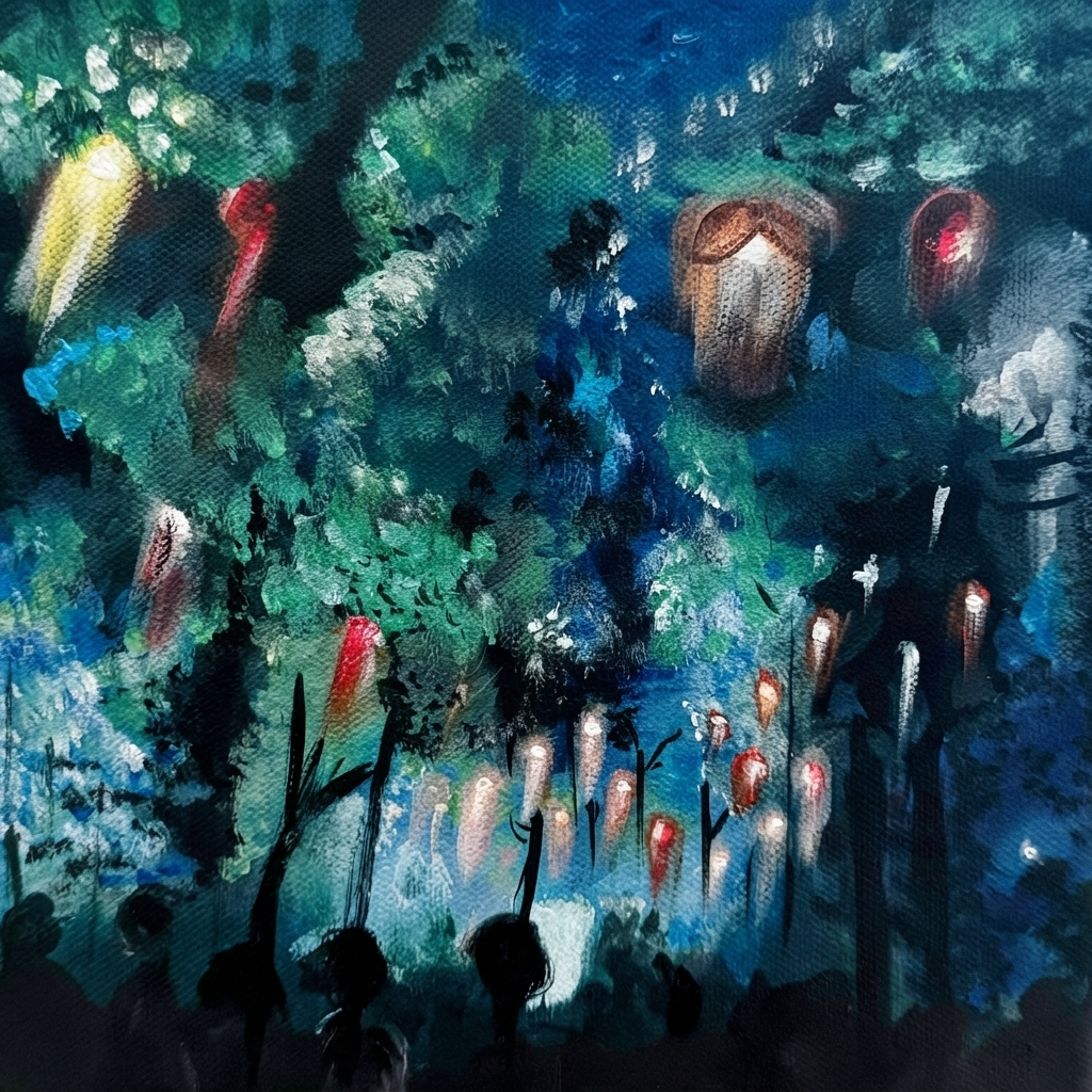 Oil-style art print of glowing sky lanterns drifting upward through a deep blue night sky above silhouetted festival crowd