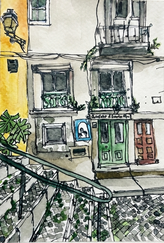 Watercolour and ink art print of a Lisbon doorway with a green door, wrought-iron staircase and trailing plants