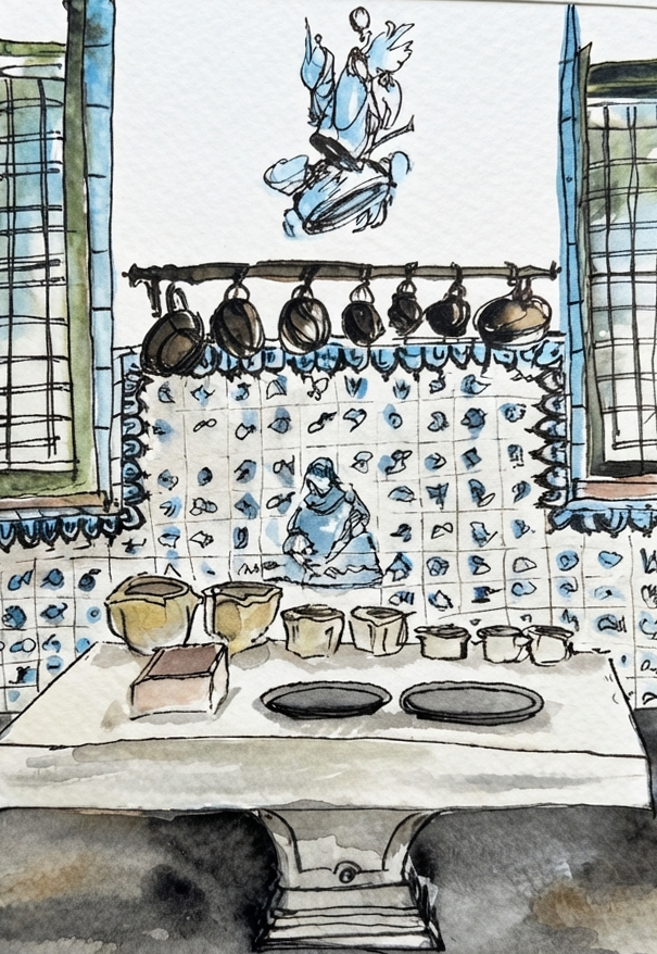 Watercolour and ink art print of a traditional Lisbon kitchen with blue and white azulejo tiles and hanging copper pots