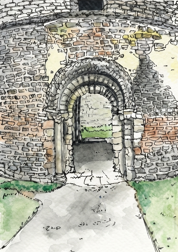 Watercolour and ink art print of the ancient Norman archway at Ludlow Castle with carved stonework and a glimpse of green beyond