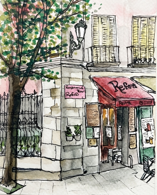 Watercolour and ink art print of a Madrid street corner café with a red awning and leafy tree