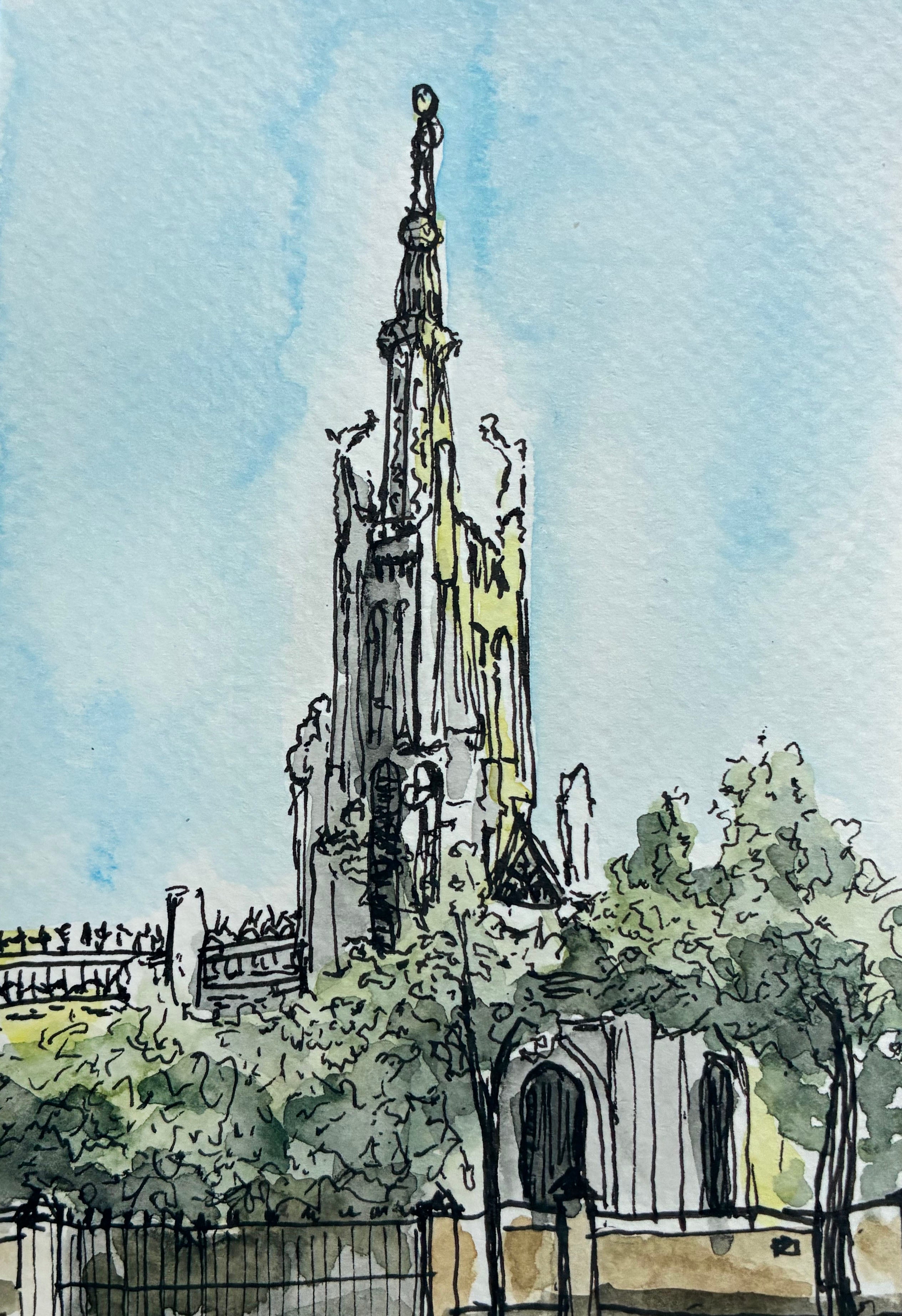 Watercolour and ink sketch of a Gothic church spire with ornate pinnacles and flying buttresses rising above summer trees