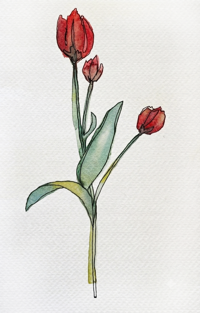 Watercolour art print of a single magenta and crimson tulip in full bloom against a pale background