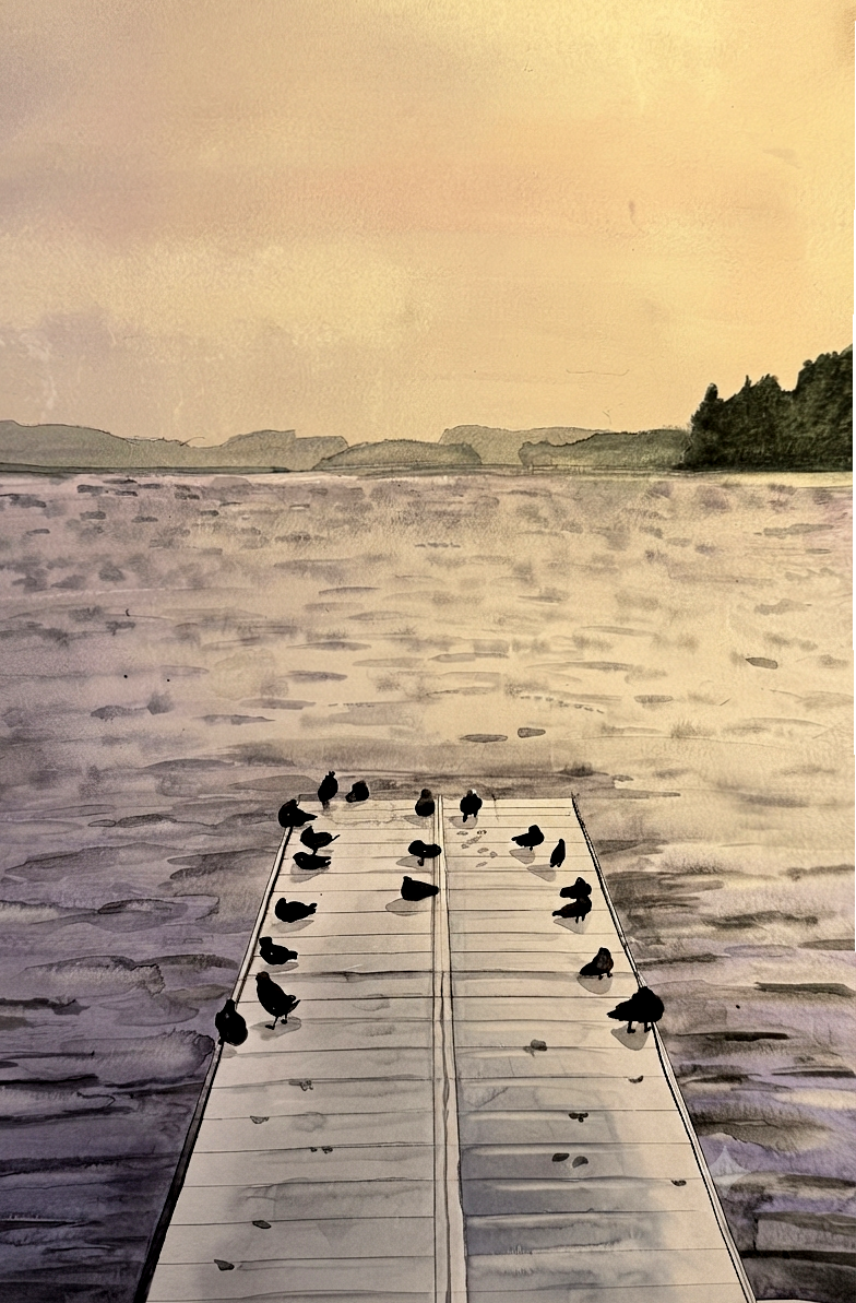 Watercolour art print of silhouetted birds on a wooden jetty stretching over a still lake under a golden amber sky