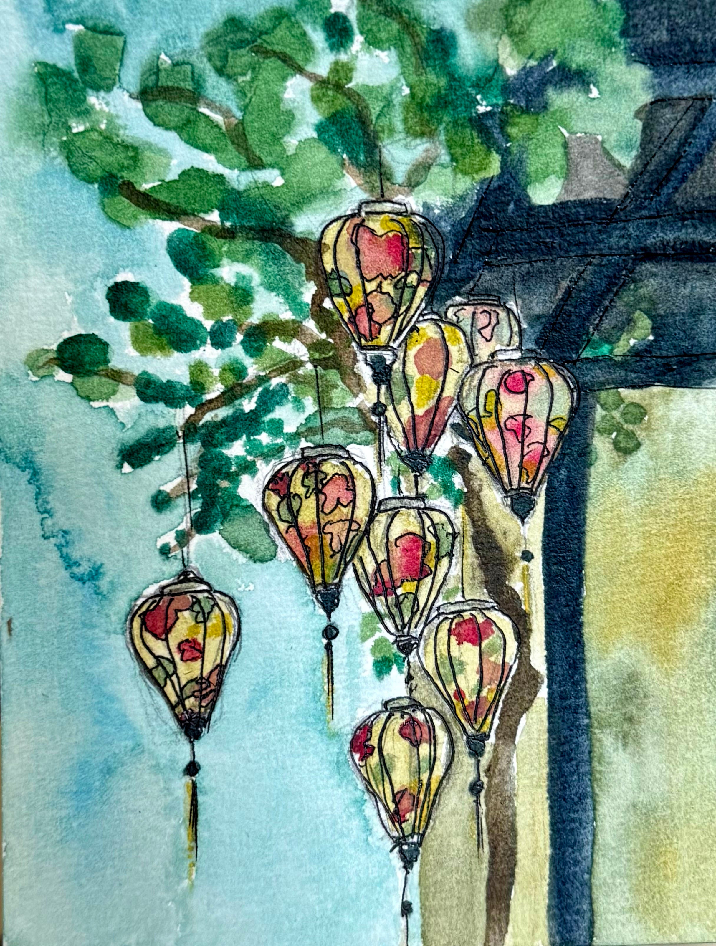 Watercolour and ink art print of traditional Vietnamese teardrop silk lanterns in yellow, pink and red hanging from a tree