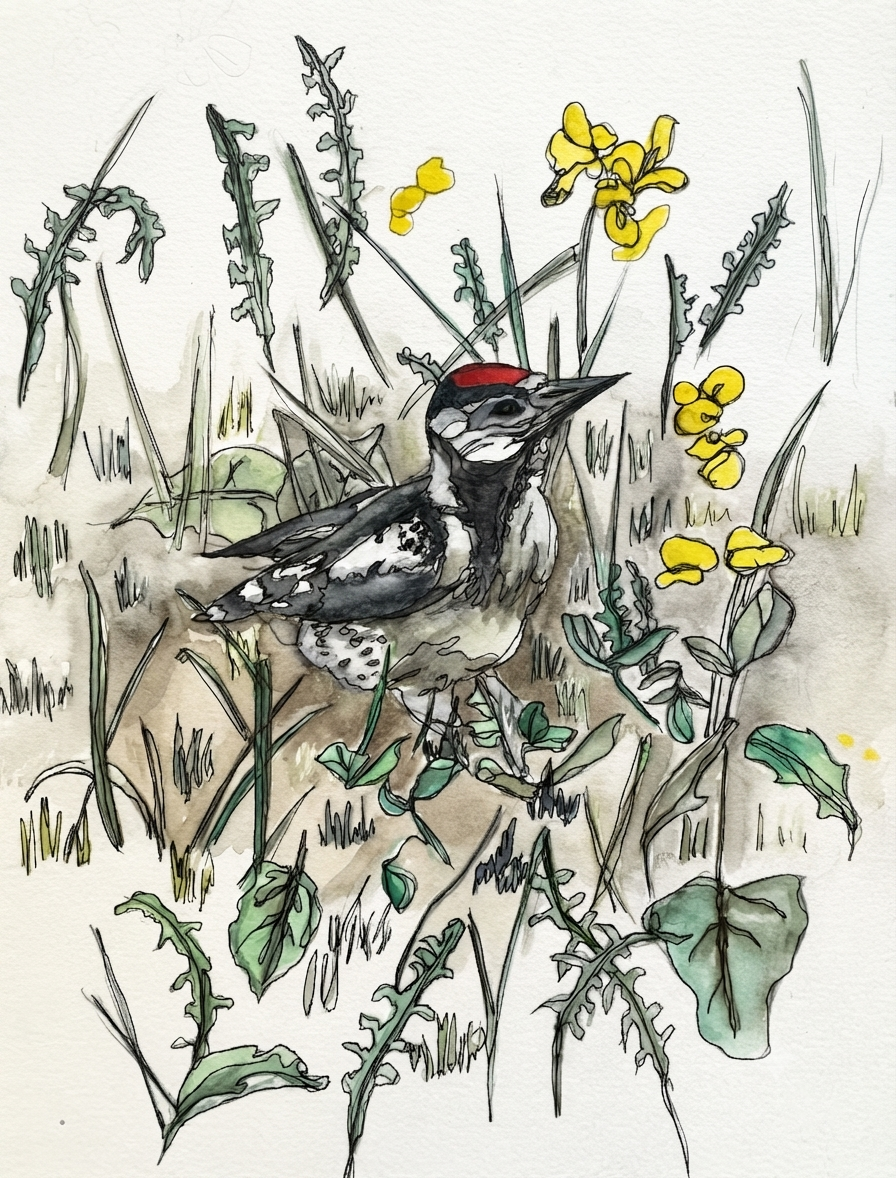 Watercolour and ink art print of a great spotted woodpecker among yellow wildflowers and green grasses