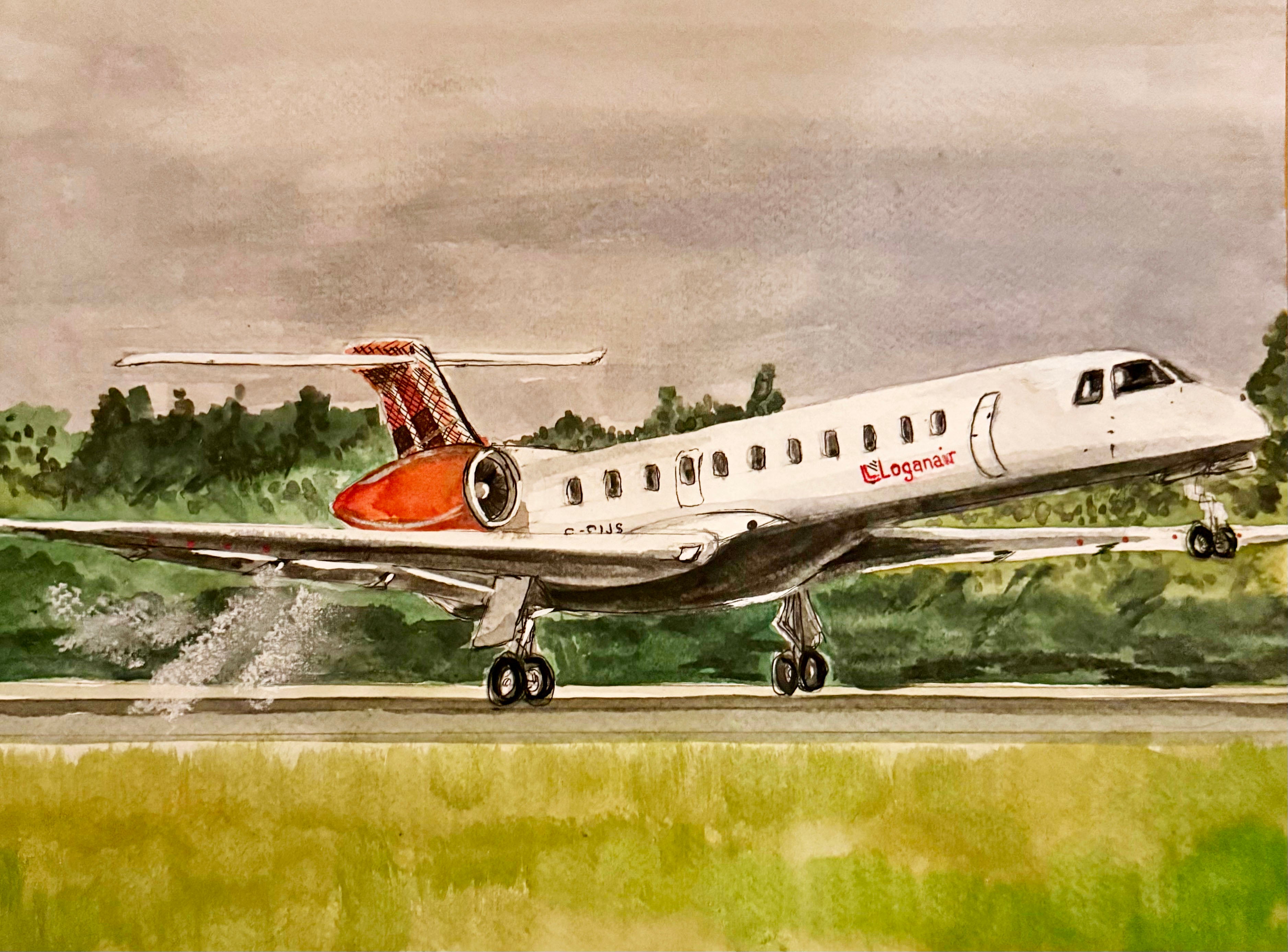 Watercolour and ink art print of a Loganair Embraer regional jet landing on a runway with orange engine and tartan tail livery