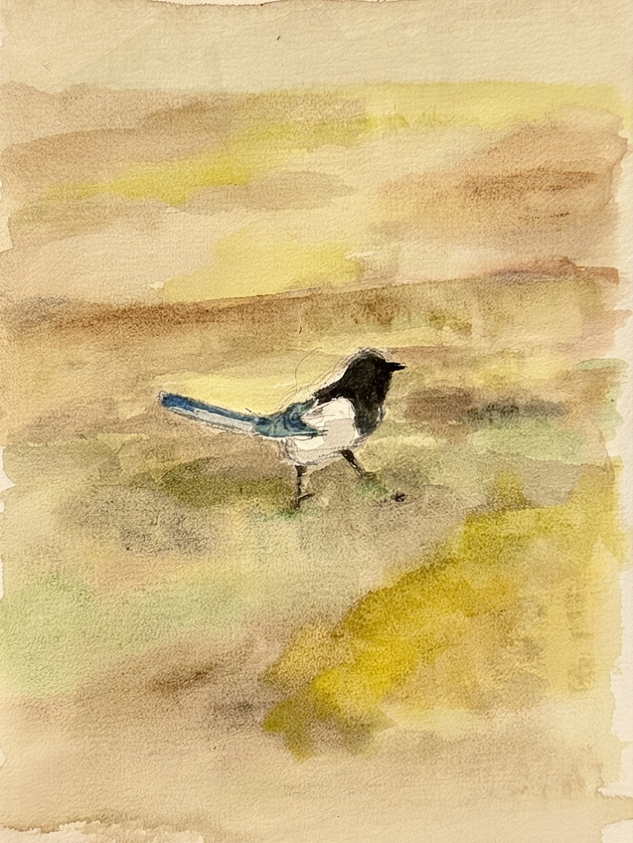 Watercolour art print of a solitary magpie with black and white plumage and blue tail striding across a warm golden field