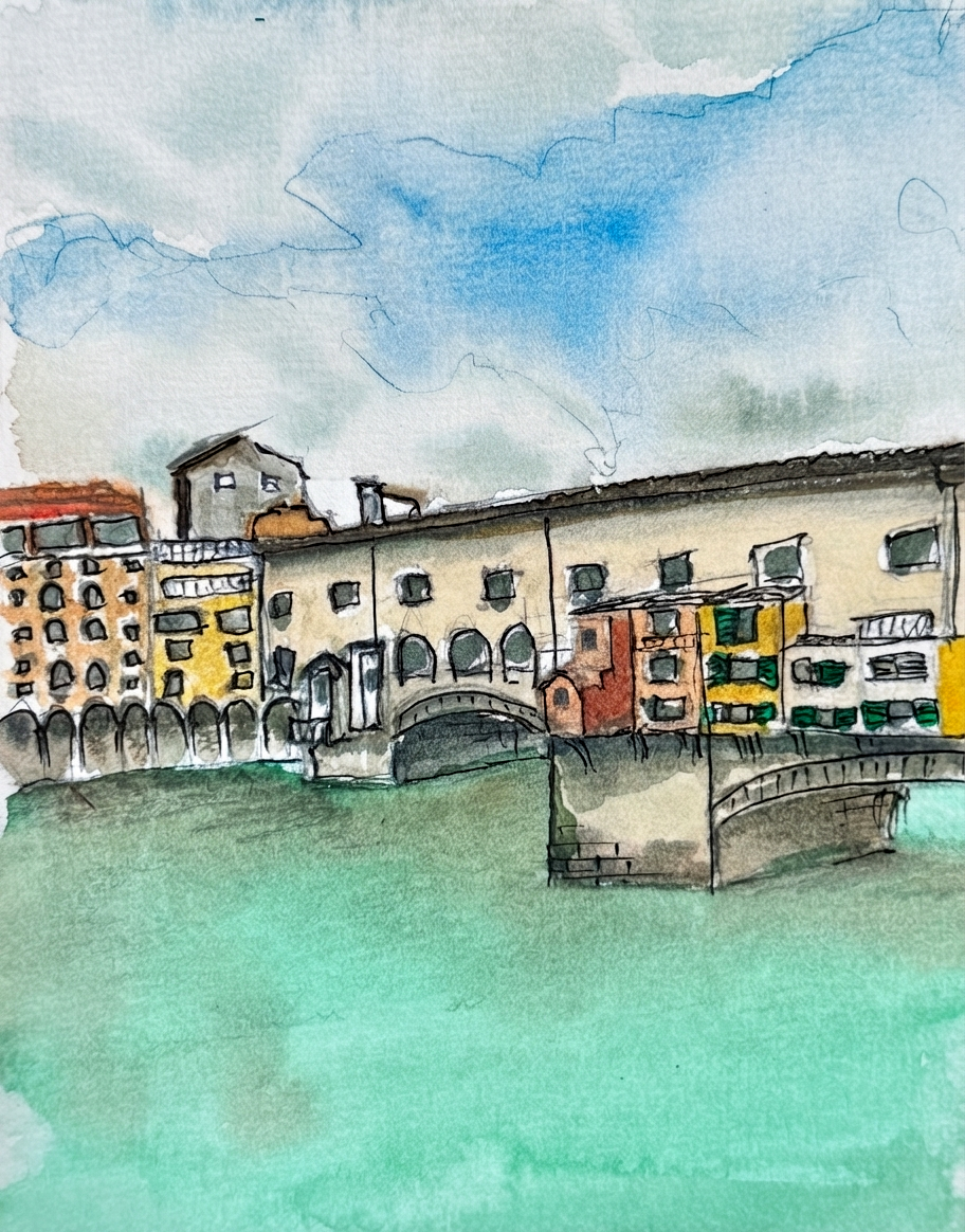 Watercolour and ink art print of the Ponte Vecchio bridge in Florence reflected in the still waters of the Arno river