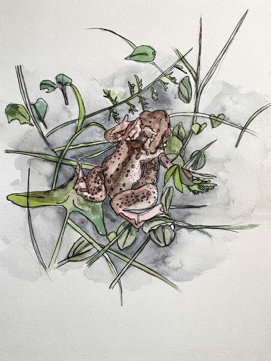 Watercolour and ink illustration of a toad nestled in garden foliage